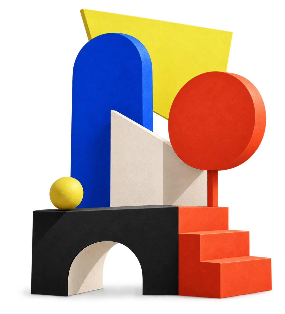 A playful sculpture of blue arches, a red disc, yellow shapes and orange steps, coming together in an unexpected balance.